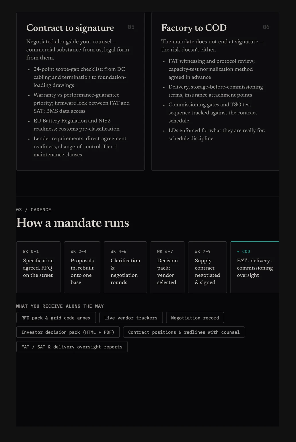 How a mandate runs: specification to commercial operation, week by week.